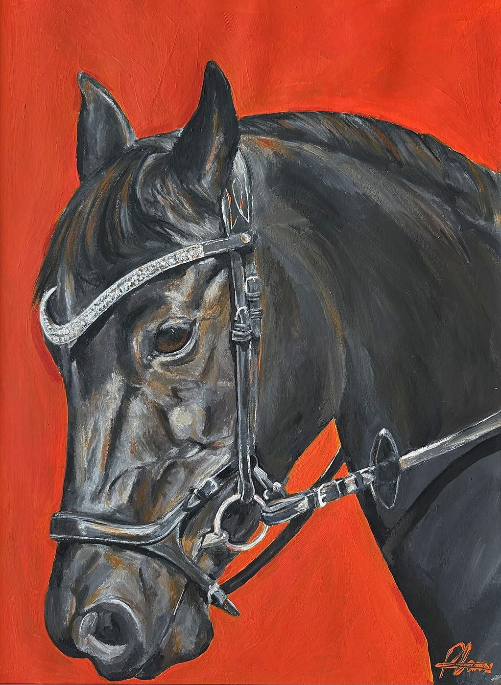 Portrait of a horse wearing a jewelled browband, painted against a vivid orange background.