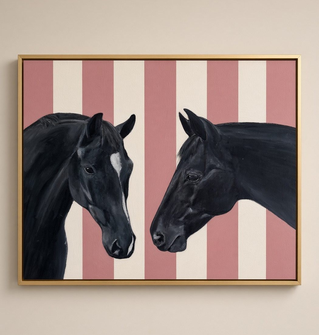 Two black horses facing each other, painted in acrylic against a dusty pink and cream striped background — the original painting.