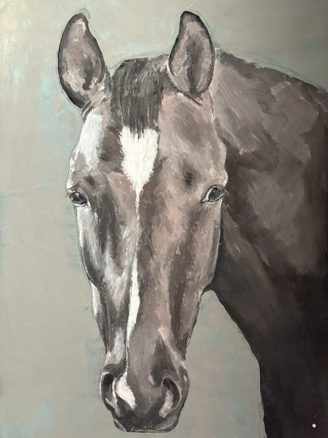 Study of a grey horse's head facing forward, painted in muted tones against a soft grey-green background.