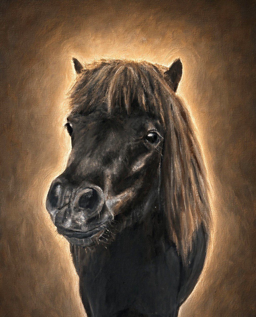 Acrylic painting of a pony's head, lit from behind with a warm glow, cropped closer for the print edition.